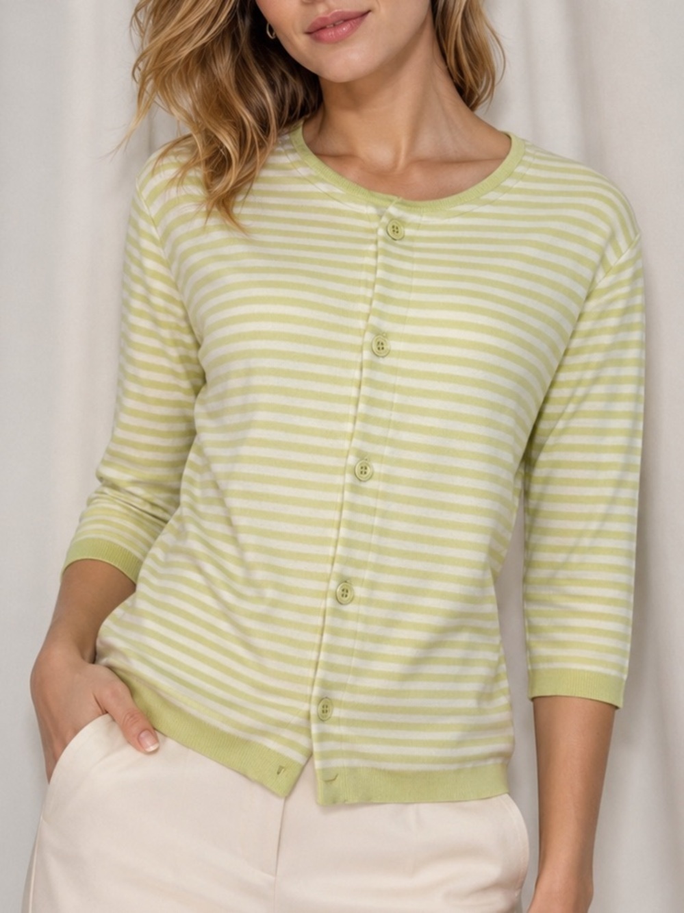 Joan Vass Studio Striped Cotton Cardigan Sweater – Lime Green & White(1369)